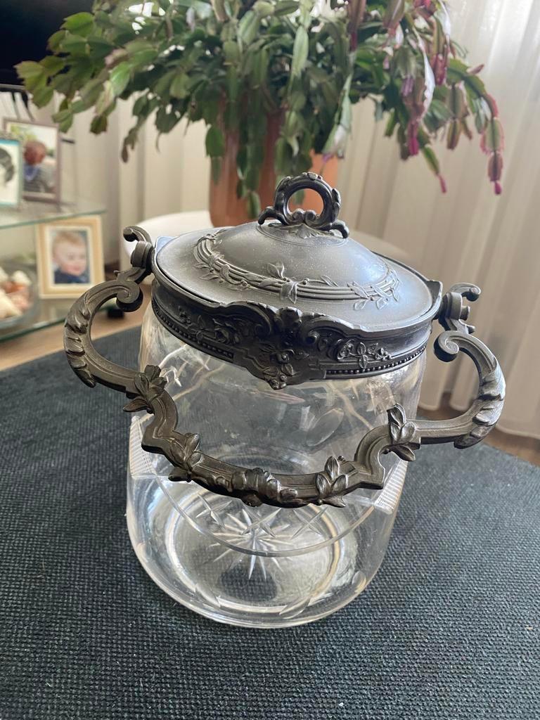 Antieke glazen pot met tinnen deksel en handvatten, Antiek en Kunst, Ophalen of Verzenden
