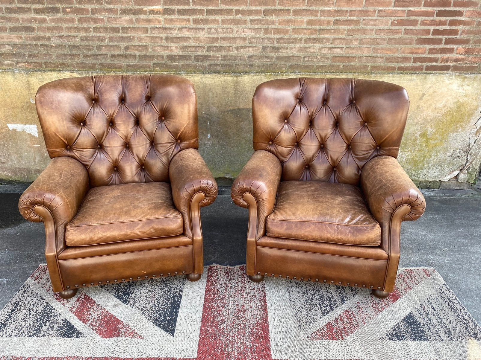 2 x Chesterfield bruin leren Oorfauteuils merk Bendic !!!, Ophalen, Gebruikt, 2 x chesterfield bruin leren oorfauteuils merk Bendic