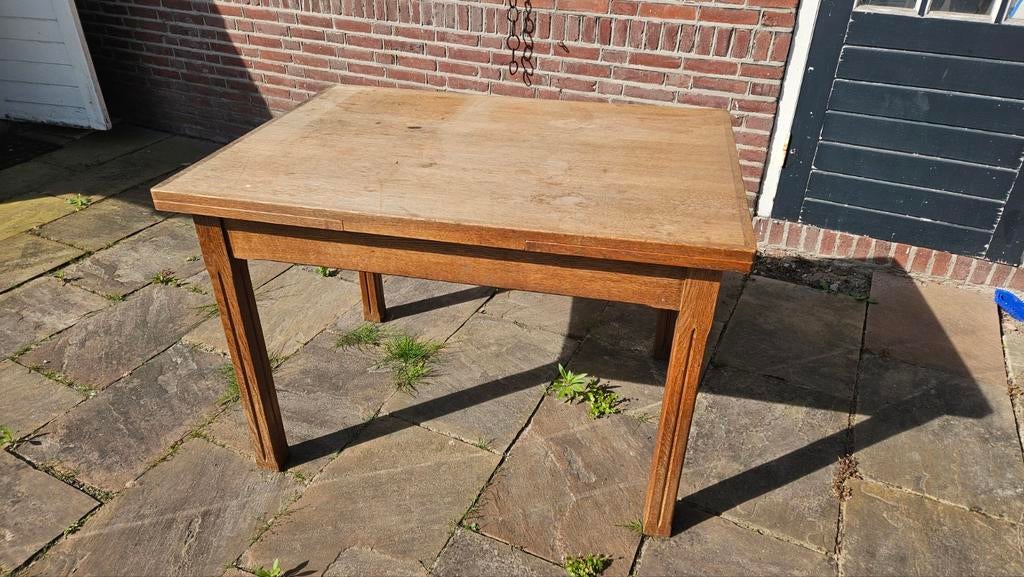 Uitschuifbare houten (eet)tafel, Ophalen, Gebruikt, 100 tot 150 cm, Vierkant