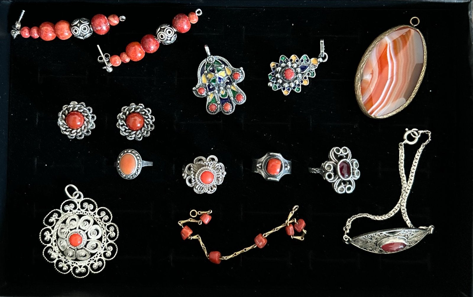Prachtige Antieke Sieraden Collectie met Koraal, Ophalen of Verzenden, Zilver, Overige typen, Met edelsteen