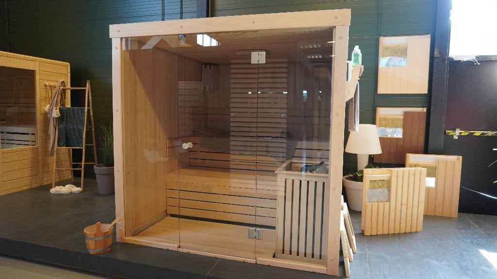 Azalp Elementsauna Lumen 203x203 cm Vuren, Ophalen, Zo goed als nieuw, Fins of Traditioneel, Complete sauna