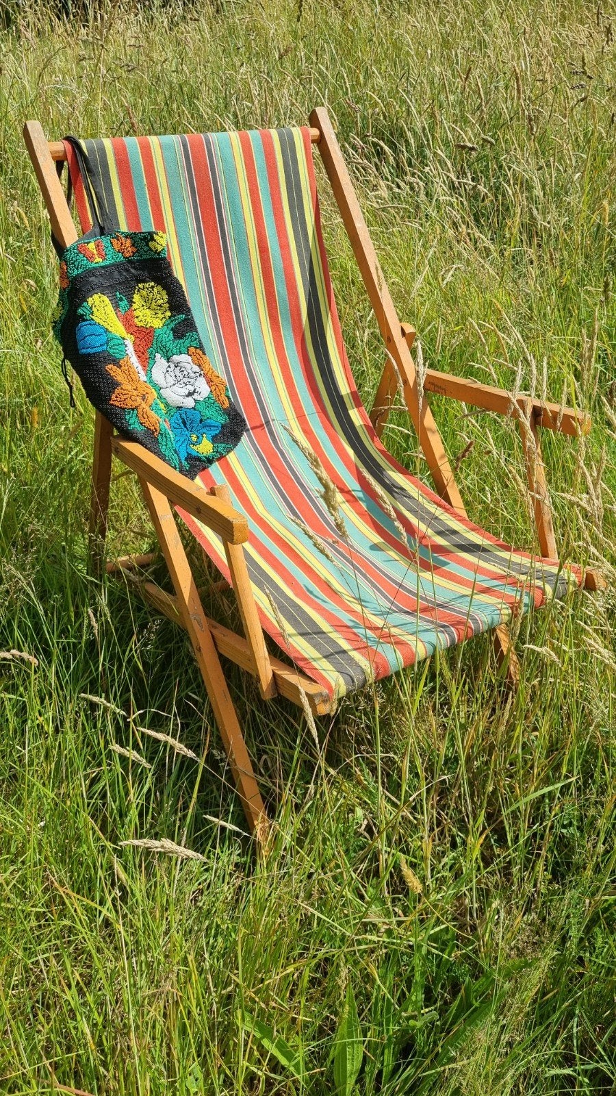 Vintage Franse strandstoel streep, Ophalen, Gebruikt, Hout, Inklapbaar