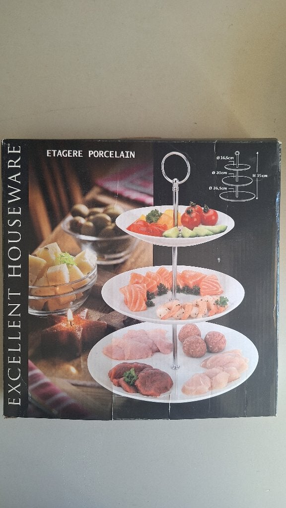 Etagiere 3 laags wit keramiek met zilver NIEUW, Demontabel, Etagère, Nieuw, Ophalen of Verzenden