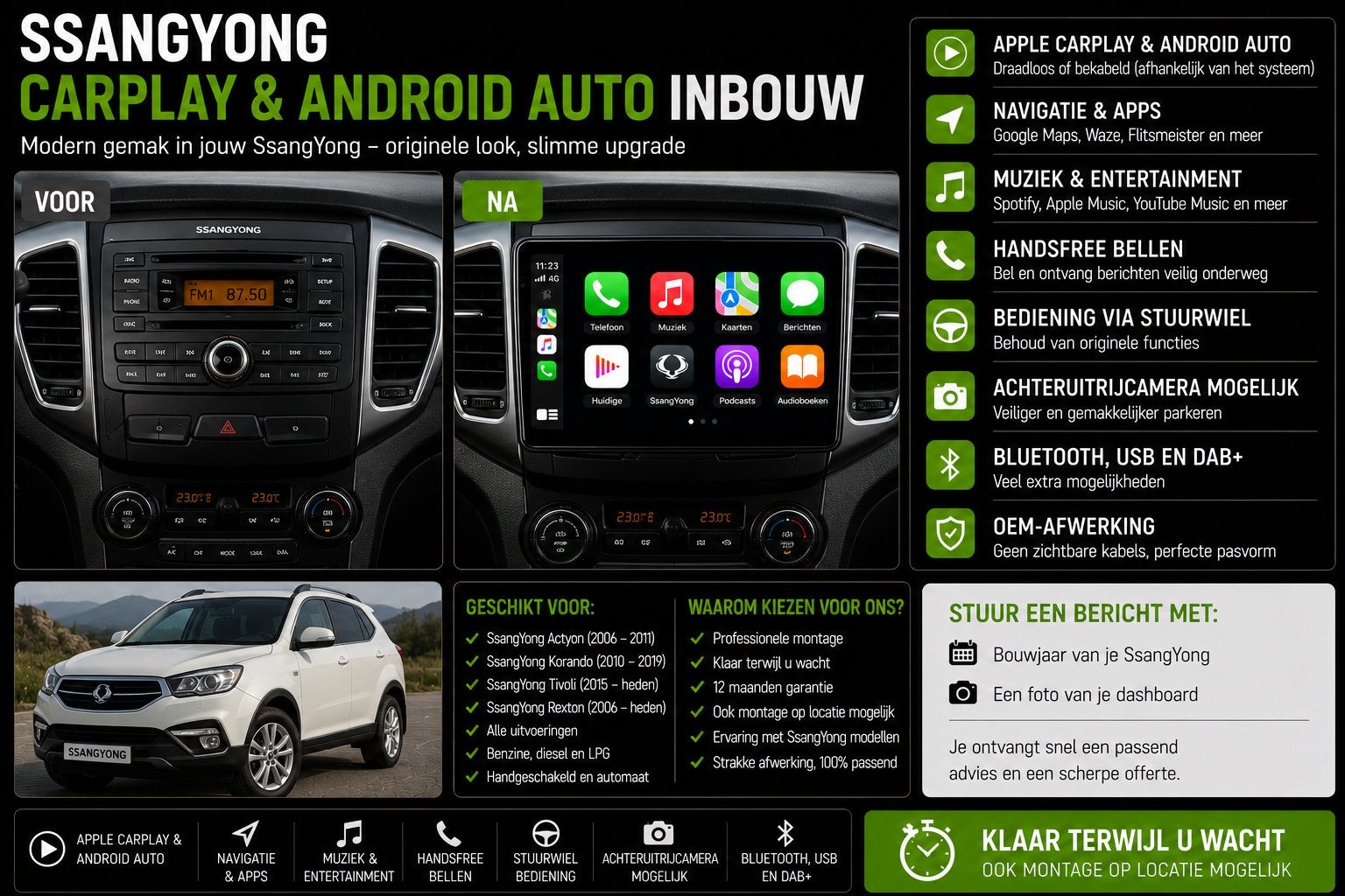 SsangYong CarPlay & Android Auto Inbouw – Alle Modellen, Ophalen, Nieuw