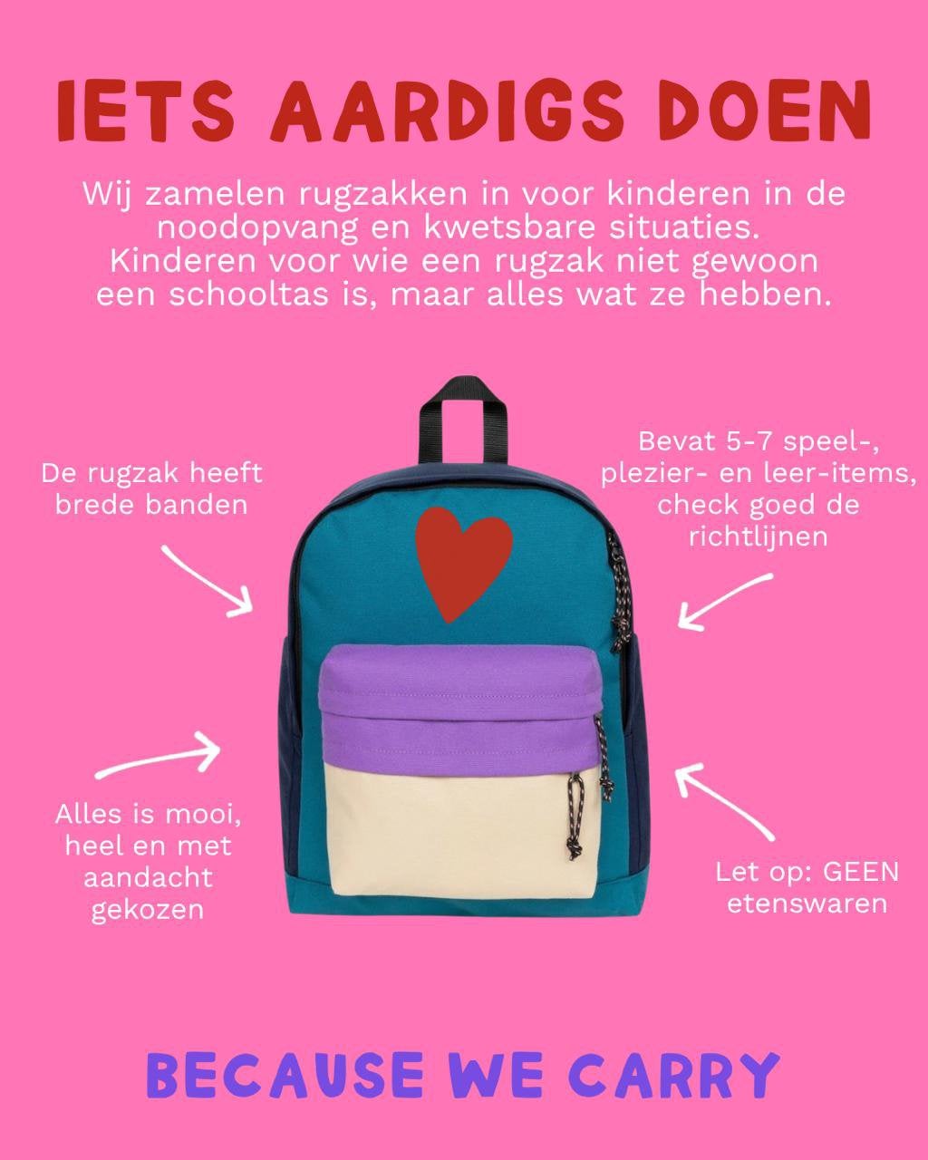 Because We Carry rugzakjes actie, Ophalen, Nieuw