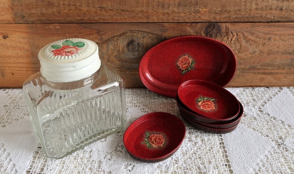 Vintage pinda stel DE ZWARTE KIP blik rozen + pot L. Dake&Zn, Antiek en Kunst, Ophalen of Verzenden