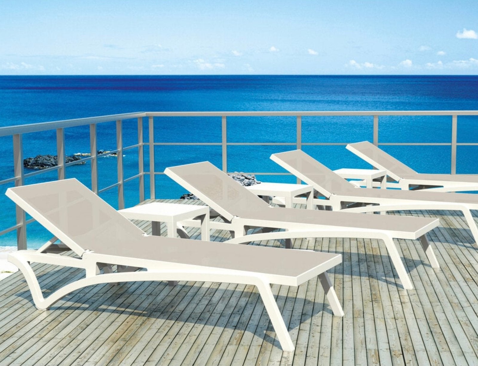 Ligbed Pacific Ocean wit frame, taupe textileen, Tuin en Terras, Ligbedden, Ophalen, Nieuw, Textileen, Verstelbaar