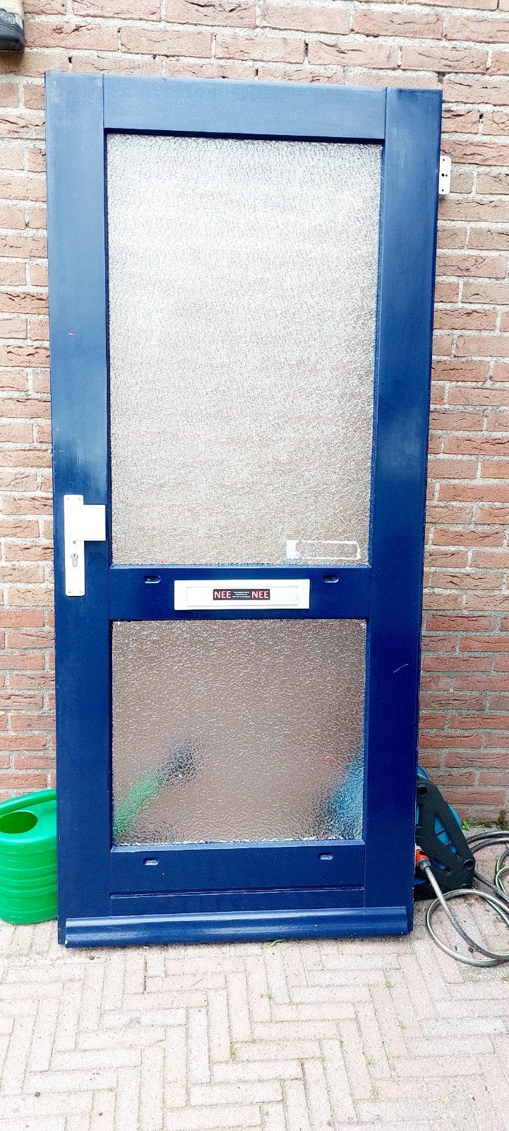 Blauwe buitendeur met glaspanelen 93x209.5, Doe-het-zelf en Verbouw, Deuren en Horren, Gebruikt, 80 tot 100 cm, Ophalen of Verzenden