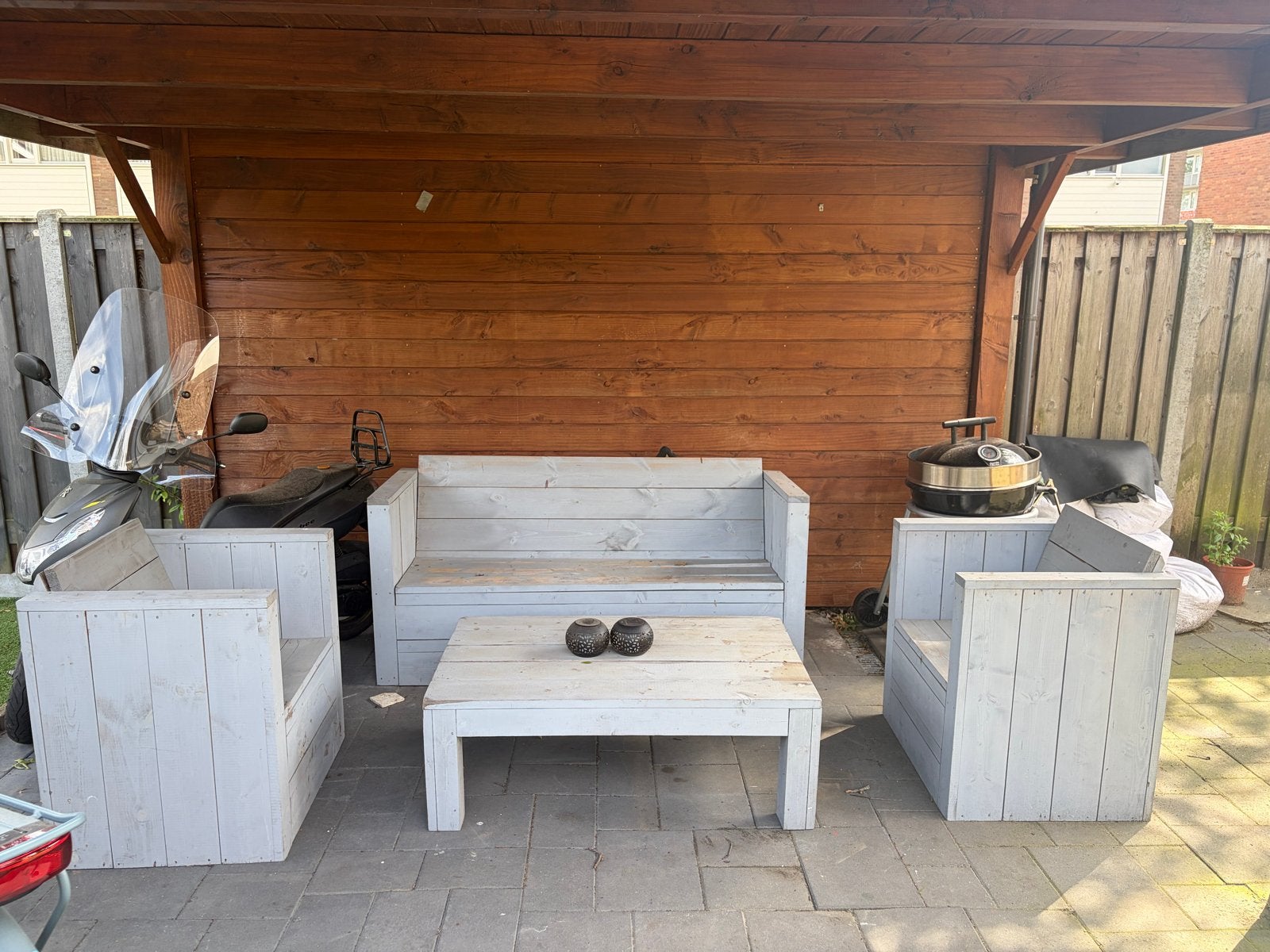 loungeset met bank, stoelen en tafel, Tuin en Terras, Ophalen, 4 zitplaatsen, Gebruikt, Steigerhout