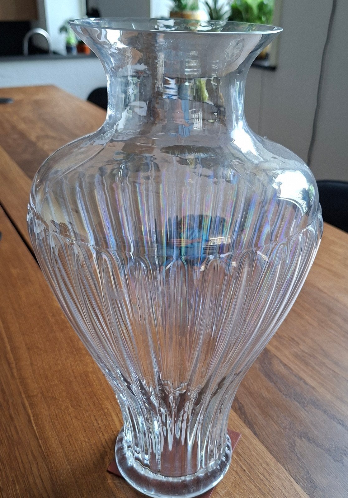 Grote Glazen Vaas Met Ribbels 35cm Hoog, Huis en Inrichting, Ophalen, Transparant, 35 cm, Glas