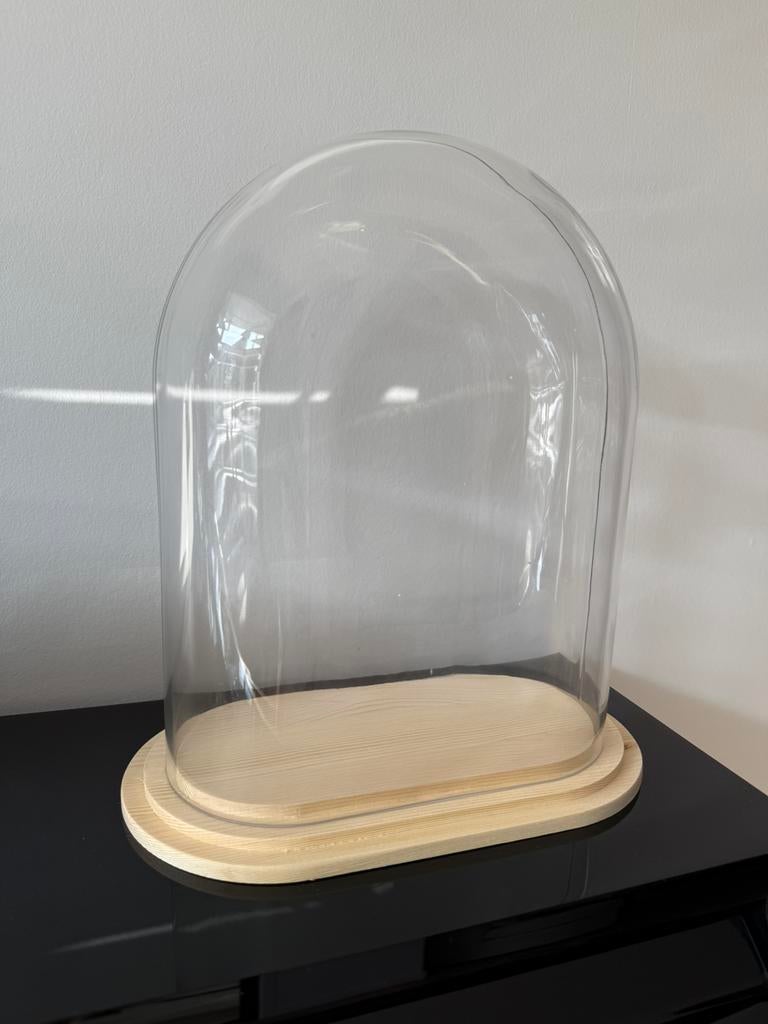 Stolp ovaal L helder glas blank houten plateau, Veens Living, Nieuw, Elst, Info@veensliving.nl