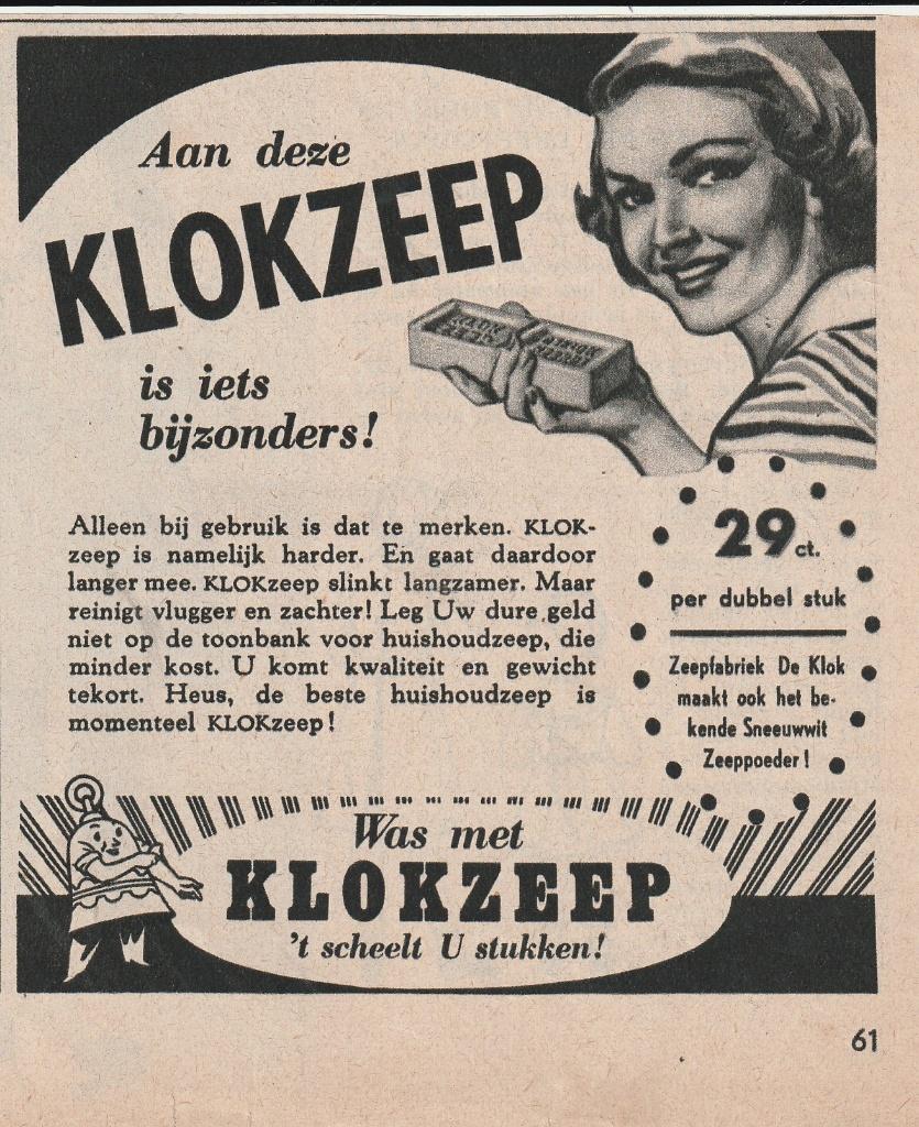 Retro reclame 1950 Klok zeep Heerde iets bijzonders, Verzenden, Overige typen