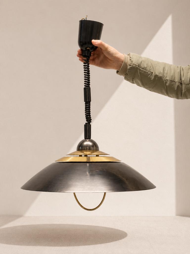 Vintage space age hanglamp – messing & zilverkleurig, Ophalen of Verzenden, Zo goed als nieuw, Metaal, Minder dan 50 cm