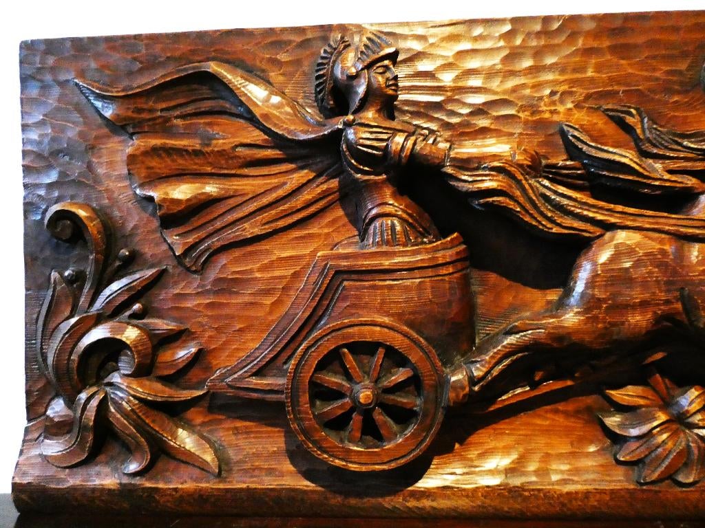 Groot houten paneel Romeinse strijdwagen paarden ridder, Antiek en Kunst, Ophalen of Verzenden, Handgemaakt, Wanddecoratie, 1 meter - 2 meter