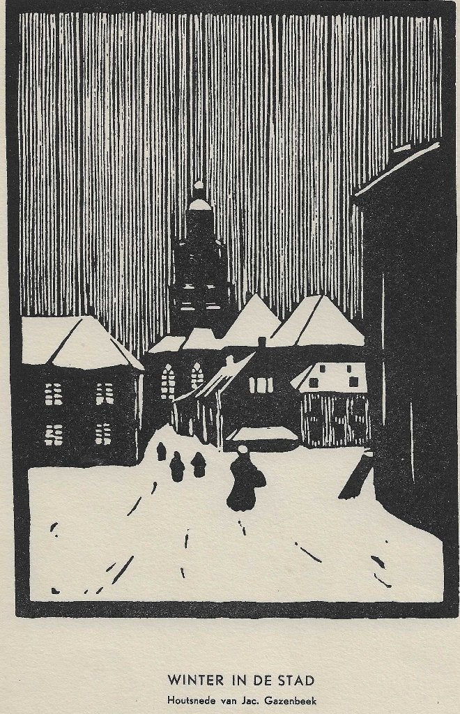 Gazenbeek, Jac. Winter in de stad Houtsnede, Antiek en Kunst, 18 cm, Stadsgezicht, Ophalen of Verzenden, Houtsnede