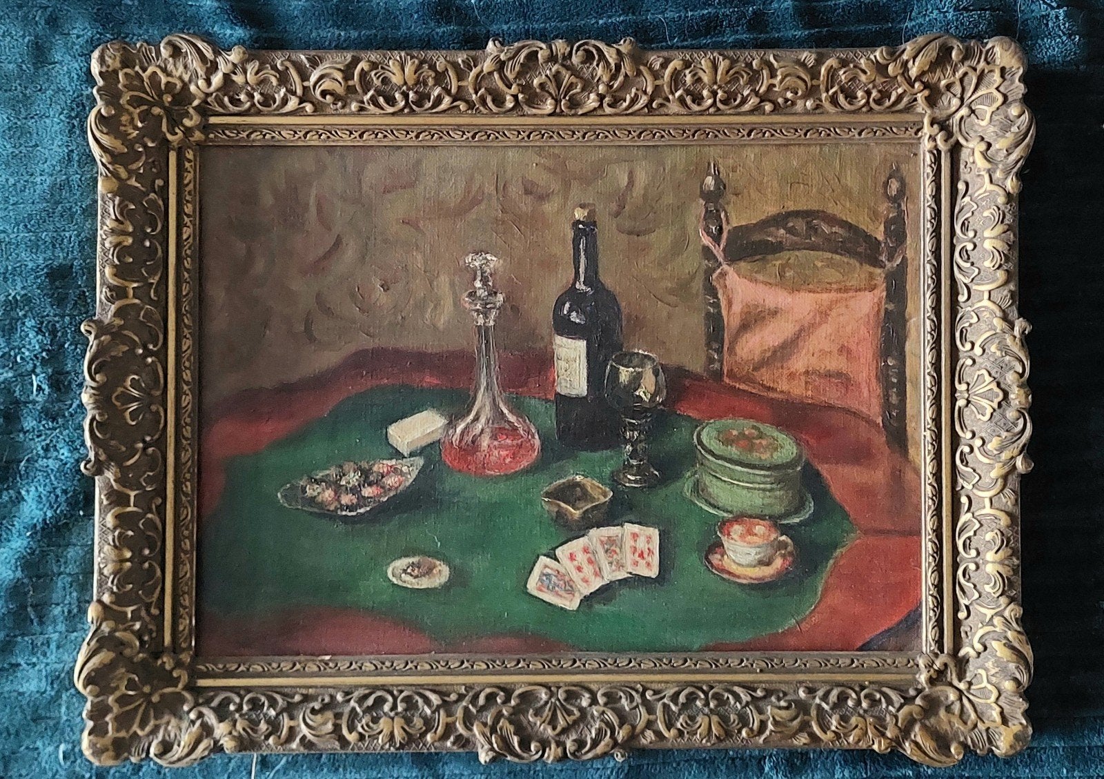 Oud schilderij stilleven met wijn en speelkaarten, Doek, Stilleven, Ophalen of Verzenden, Olieverf