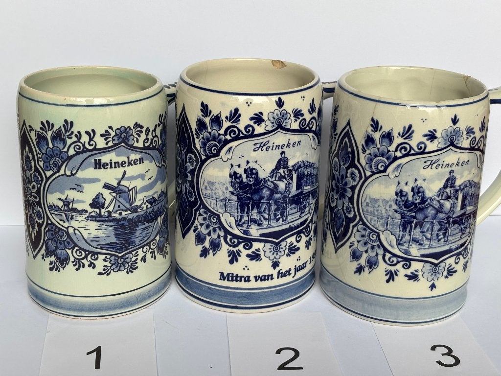 Set van 3 Heineken Bierpullen, Delfts Blauw, Verzamelen, Ophalen of Verzenden, Gebruikt, Pul(len), Heineken