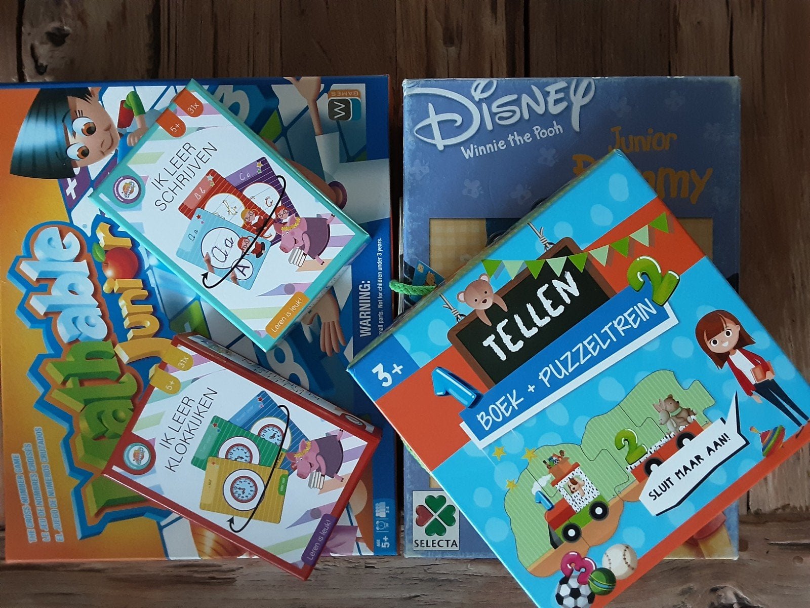 5 leerzame kinderspelletjes: rekenen, taal, klokkijken, tell, Ophalen of Verzenden, Gebruikt, Taal en Lezen