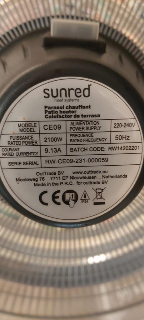 Sunred Parasol Heater CE09 - 2100W, Elektrisch, Gebruikt, Parasol, Ophalen of Verzenden