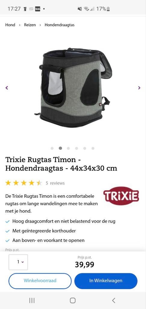 Hondenrugzak Trixie, Dieren en Toebehoren, Ophalen of Verzenden, Nieuw
