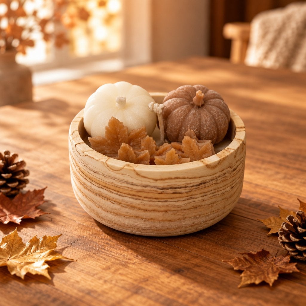 Herfst Geurkaars Set - Taupe & Blush Pompoen met Schaaltje, Meerkleurig, Ophalen of Verzenden, Kaars, Was