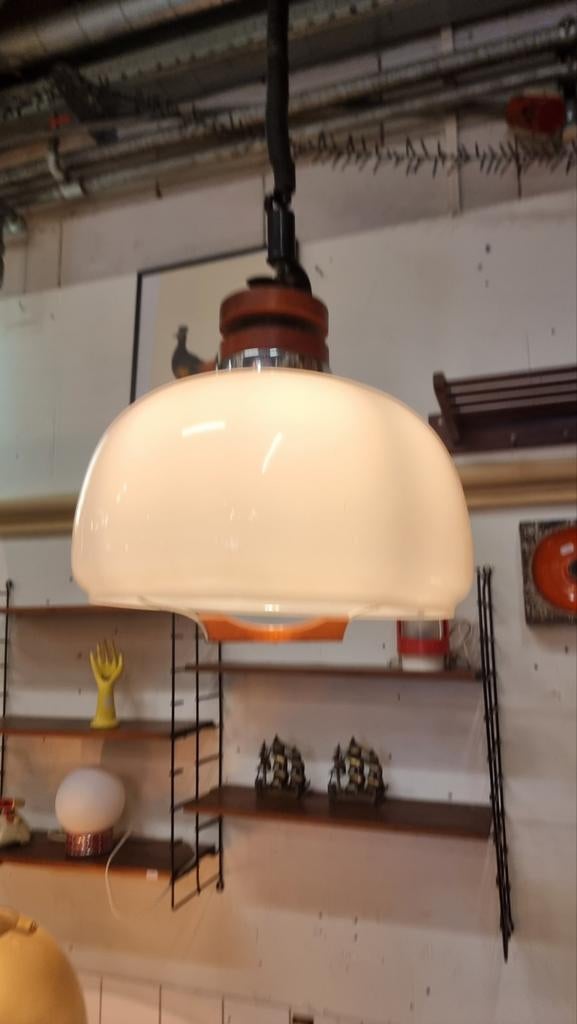 Vintage UFO hanglamp jaren 60 glas hout en chroom, Gebruikt, ,, Ophalen of Verzenden, ,