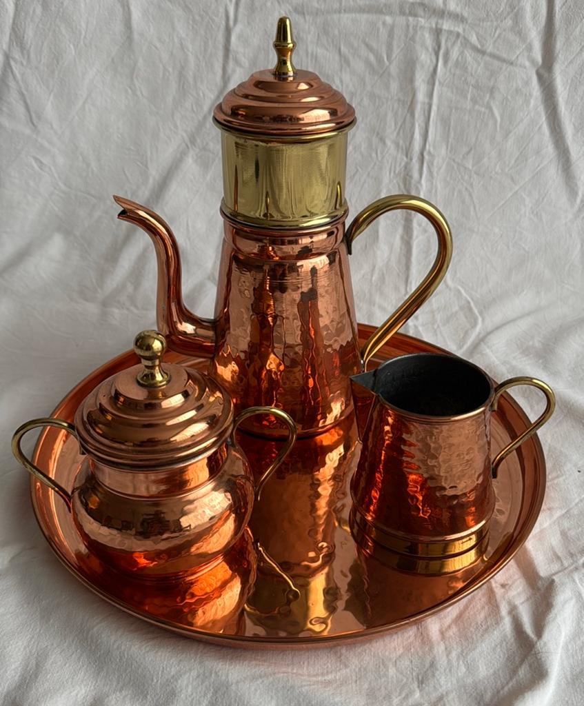 Vintage Koperen Koffieset met Dienblad - Andries België, Antiek en Kunst, Ophalen of Verzenden, Koper