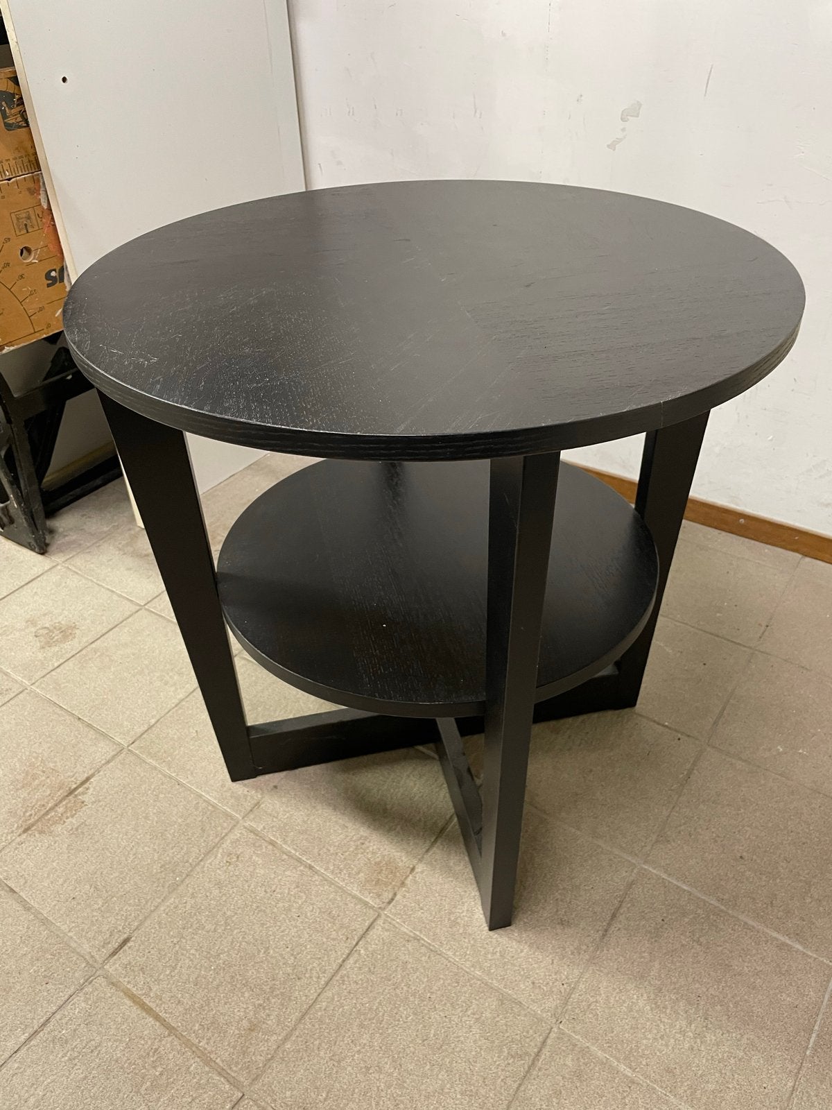 Zwarte ronde bijzettafel met extra plank, Minder dan 55 cm, Gebruikt, Rond, Hout