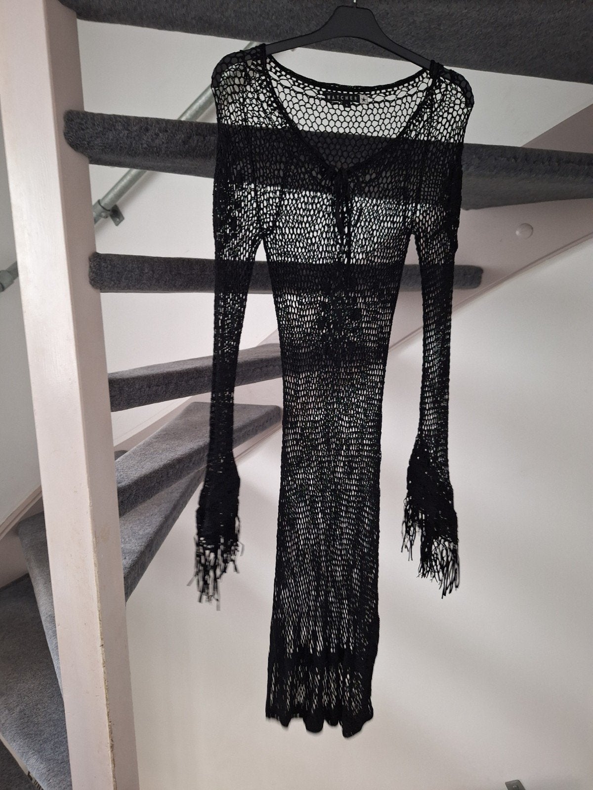 Zwart gehaakt jurkje/tuniek met franjes - Maat S, WATCHER, Ophalen of Verzenden