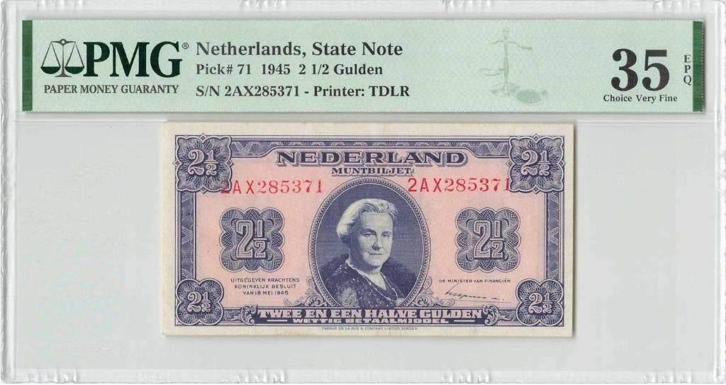 Heel mooi biljet 2,5 gulden 1945, muntbiljet | PMG, Ophalen of Verzenden, 1 gulden
