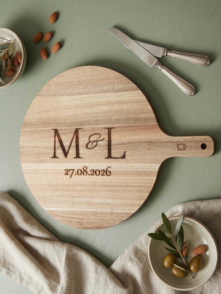 Unieke houten borrelplank met eigen gravering, Serveerplank, Nieuw, Ophalen of Verzenden, Overige vormen