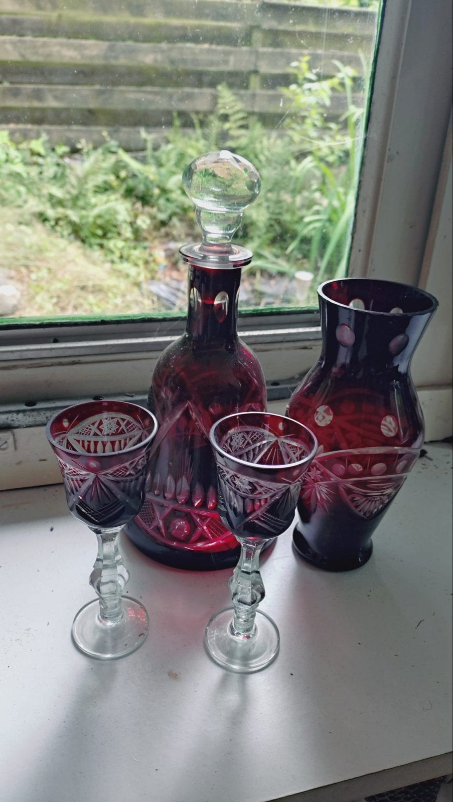 Antieke robijnrode karaf en glazen set, Antiek en Kunst, Antiek | Glas en Kristal, Ophalen