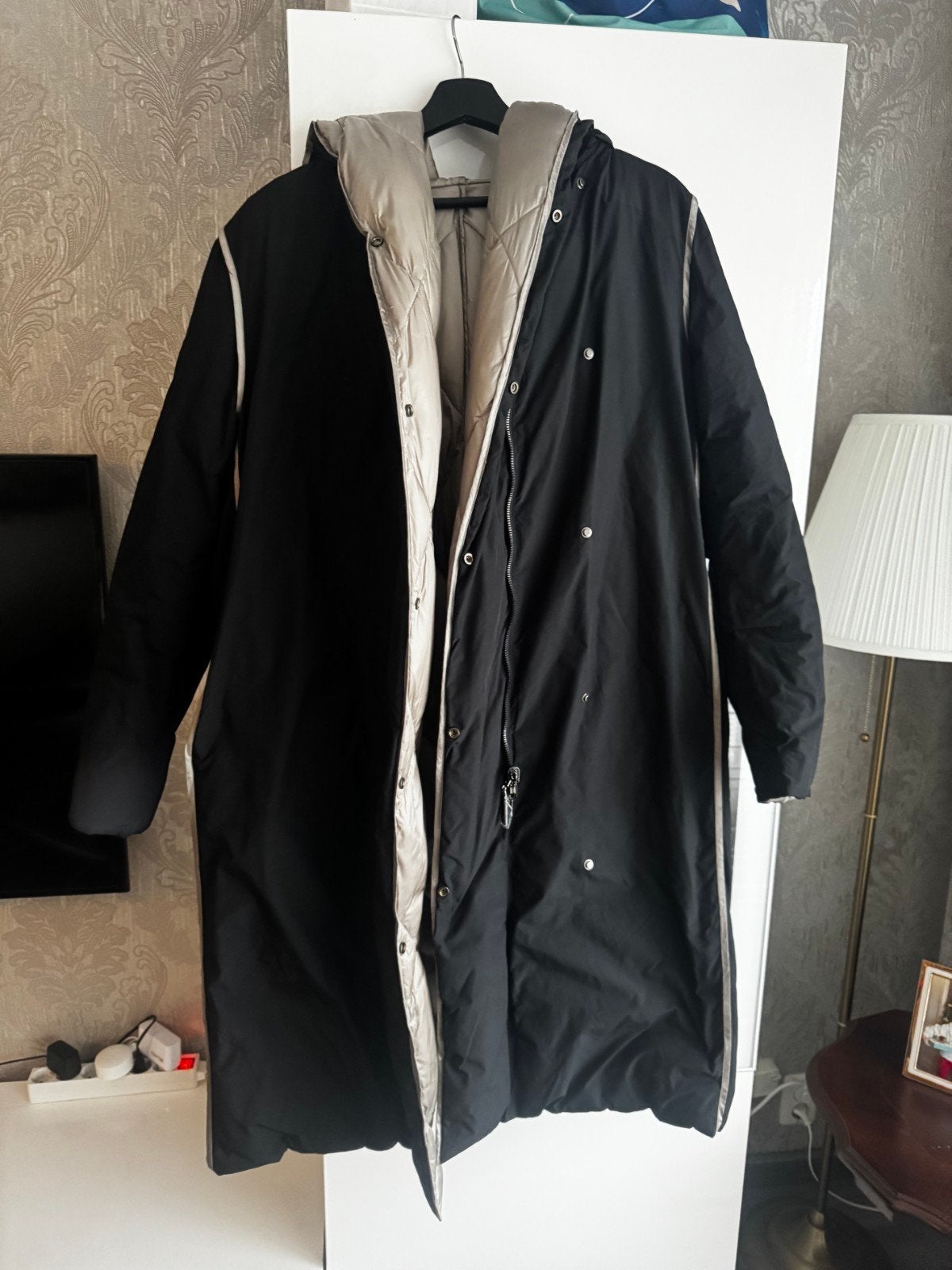 Lange donsjas met veren, omkeerbaar, Kleding | Dames, Beige, Maat 42/44 (L), Ophalen of Verzenden, Onbekend