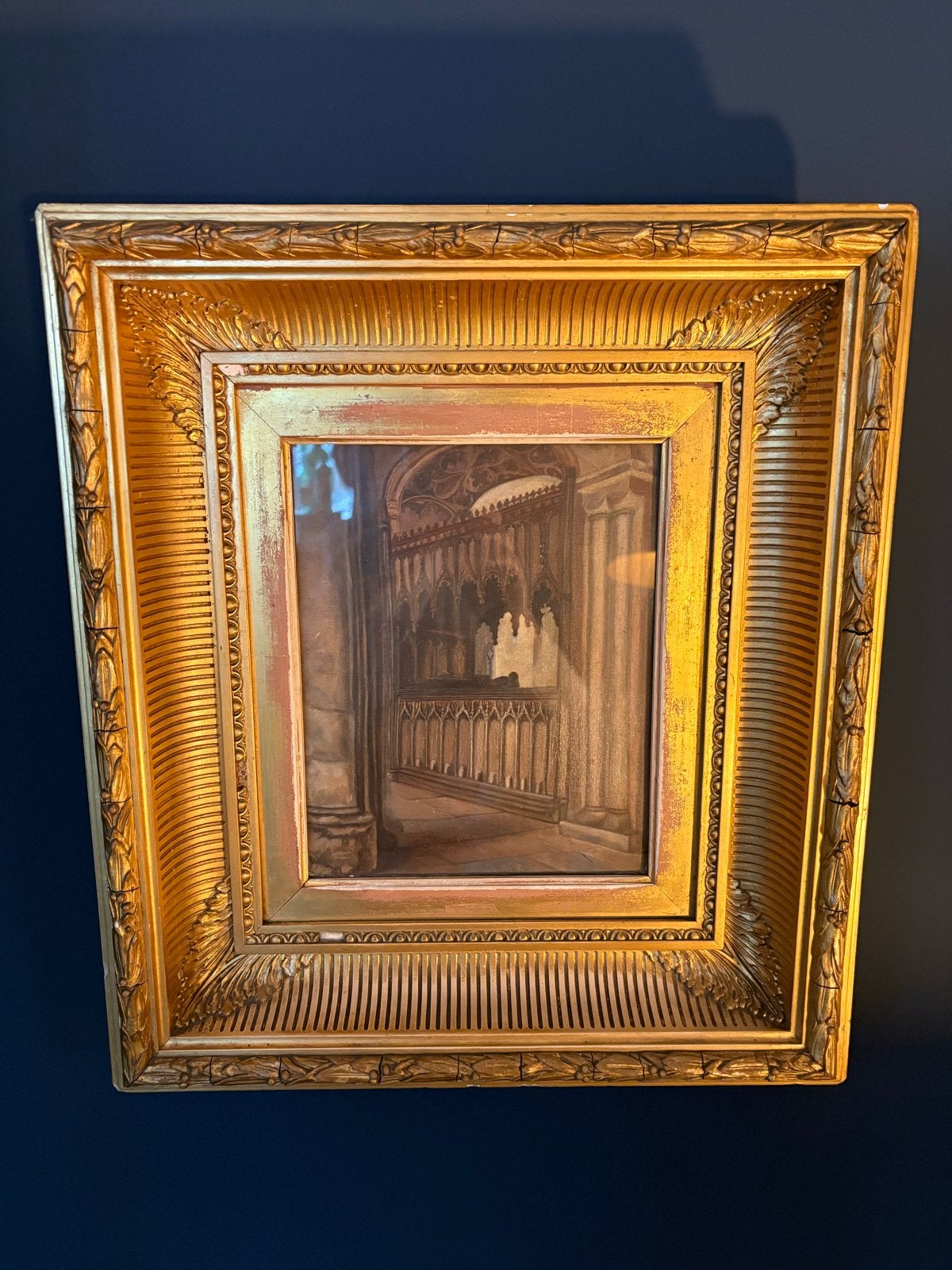Antiek olieverfschilderij kerkinterieur, ca. 1850, Antiek en Kunst, Doek, Bijzondere lijst, Ophalen of Verzenden, Olieverf