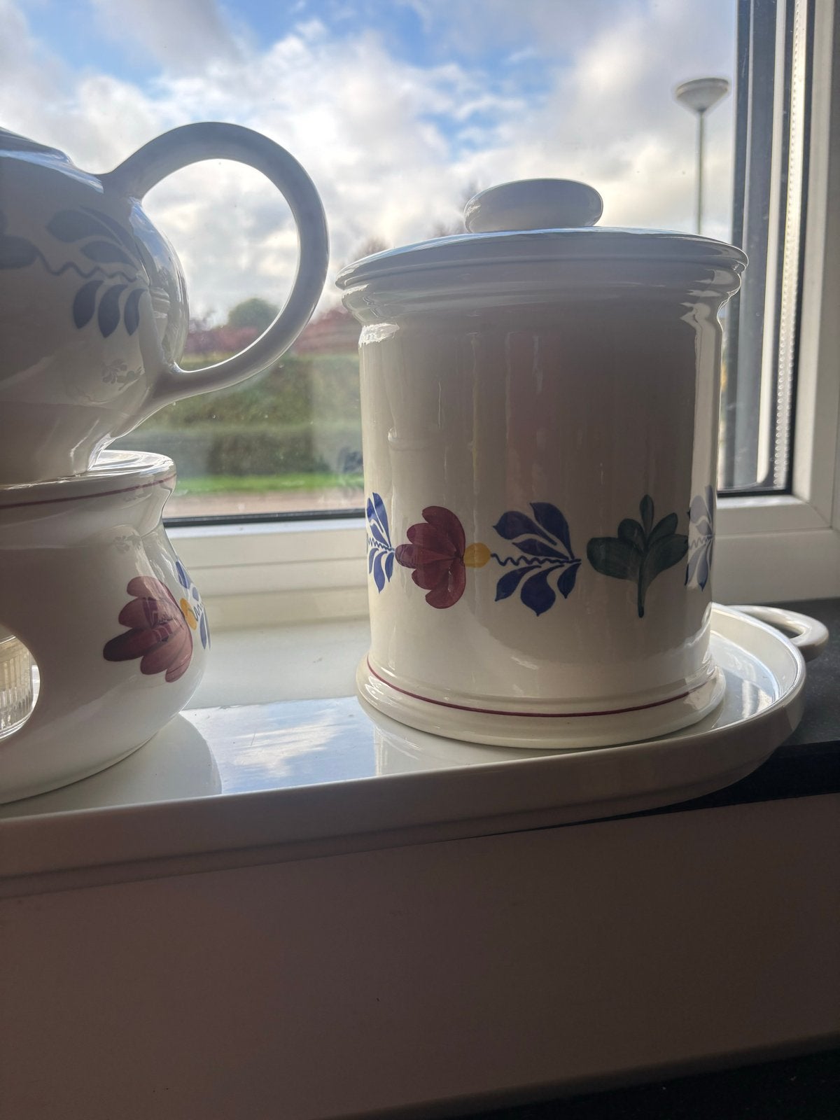 Puntgaaf Boerenbont theepot met theelicht en voorraadpot, Huis en Inrichting, Keramiek, Landelijk/Boerenbont, Ophalen of Verzenden