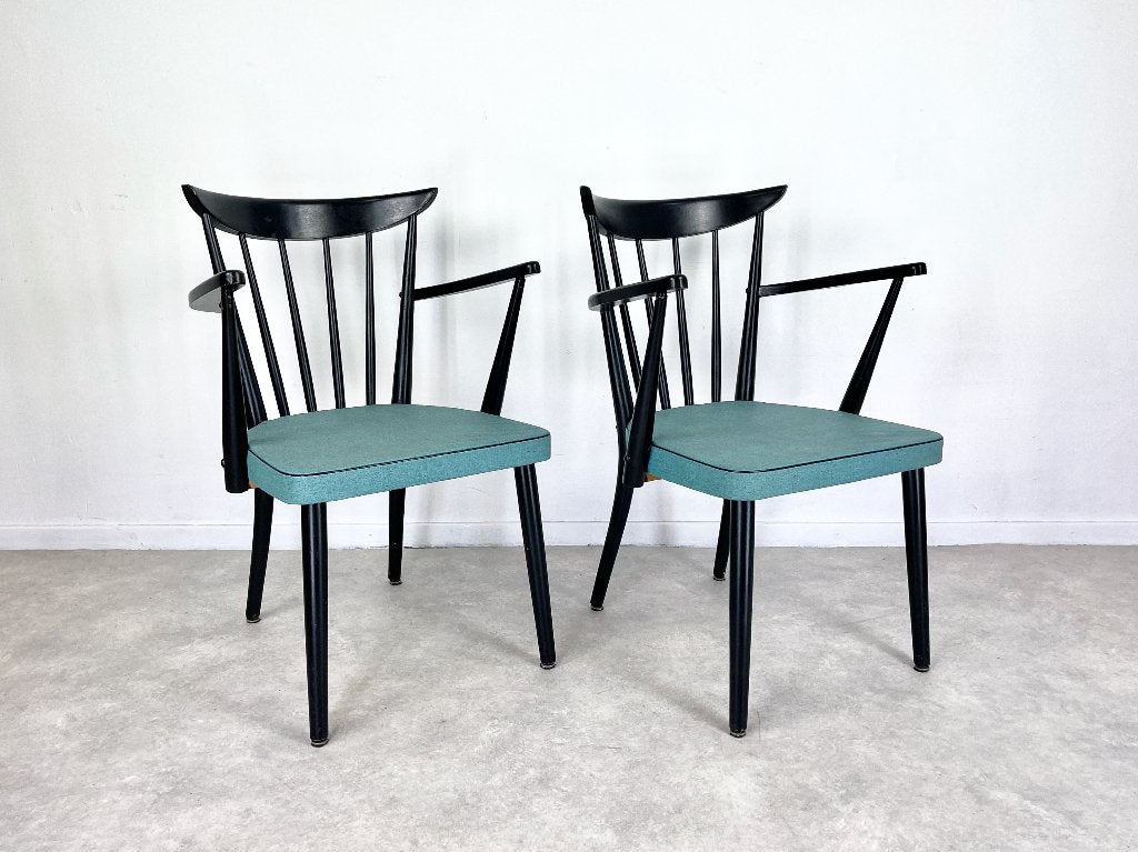 set spijlenstoelen hout armleuning turqoise zitting 60s, Ophalen, Gebruikt, Twee, Overige kleuren