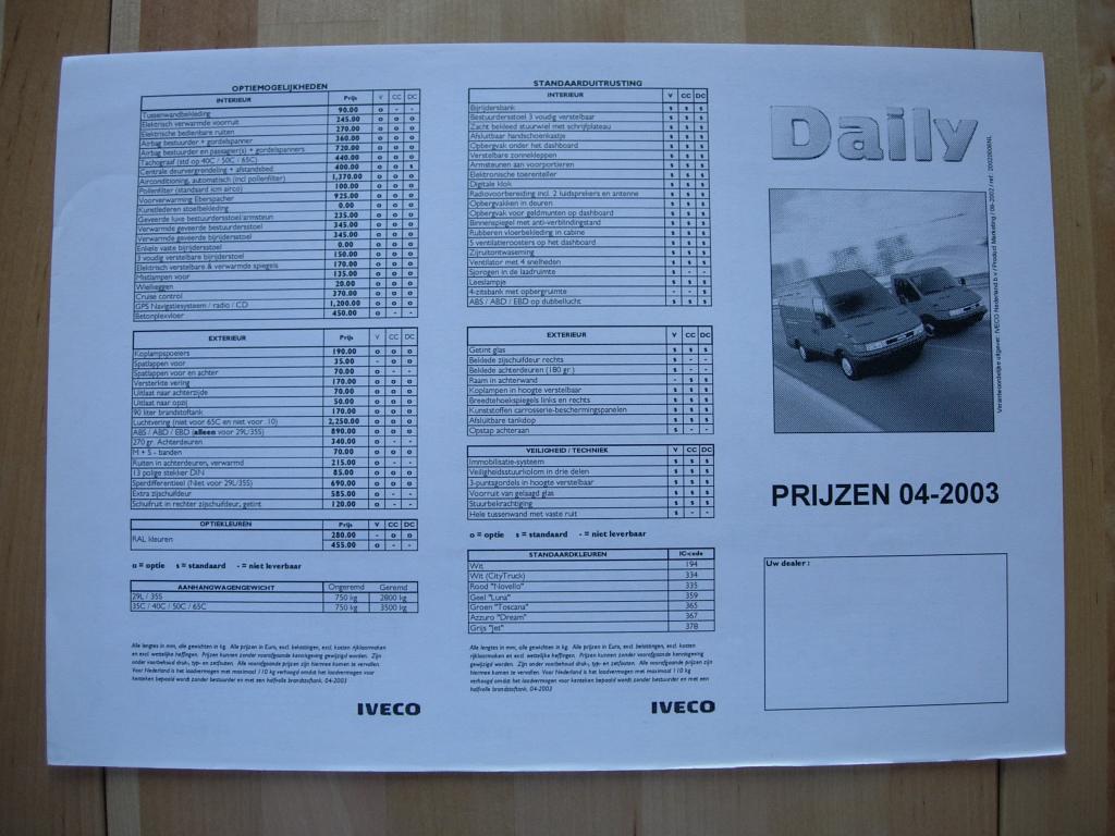 Iveco Daily Prijslijst 2003, Iveco, Ophalen of Verzenden, Zo goed als nieuw, Overige merken