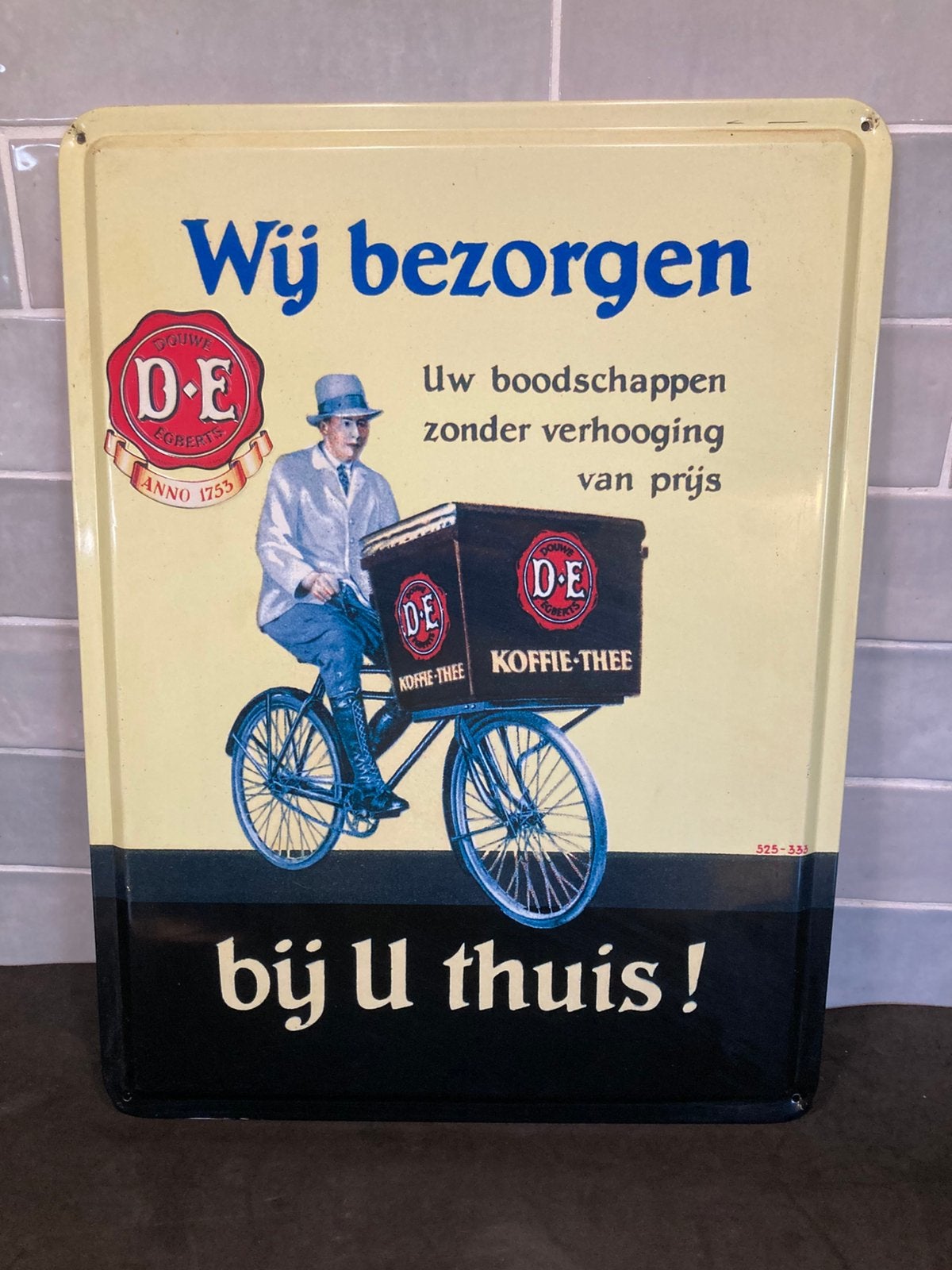 Blikken retro reclamebord Douwe Egberts, fiets (060826c), Verzamelen, Ophalen of Verzenden, Gebruikt, Reclamebord