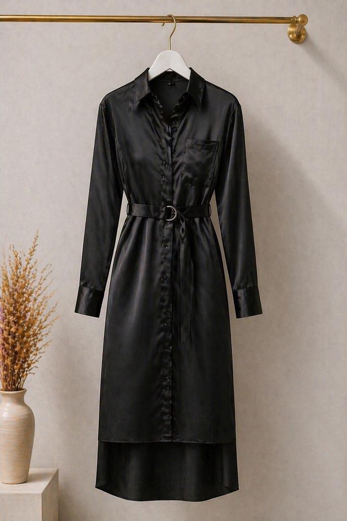 Zwarte satijnen jurk met riem – elegante maxi dress, maat M, Maat 38/40 (M), Zwart, Nieuw, Ophalen of Verzenden