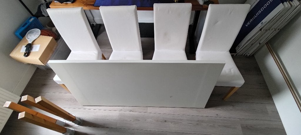 Ikea Linnmon eetafel en Harry stoelen, Huis en Inrichting, Ophalen, Overige materialen, Gebruikt, Wit Ikea