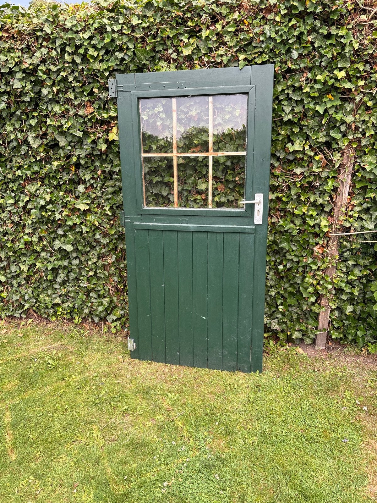 Groene houten buitendeur met raam, Ophalen, Gebruikt, 80 tot 100 cm, Buitendeur
