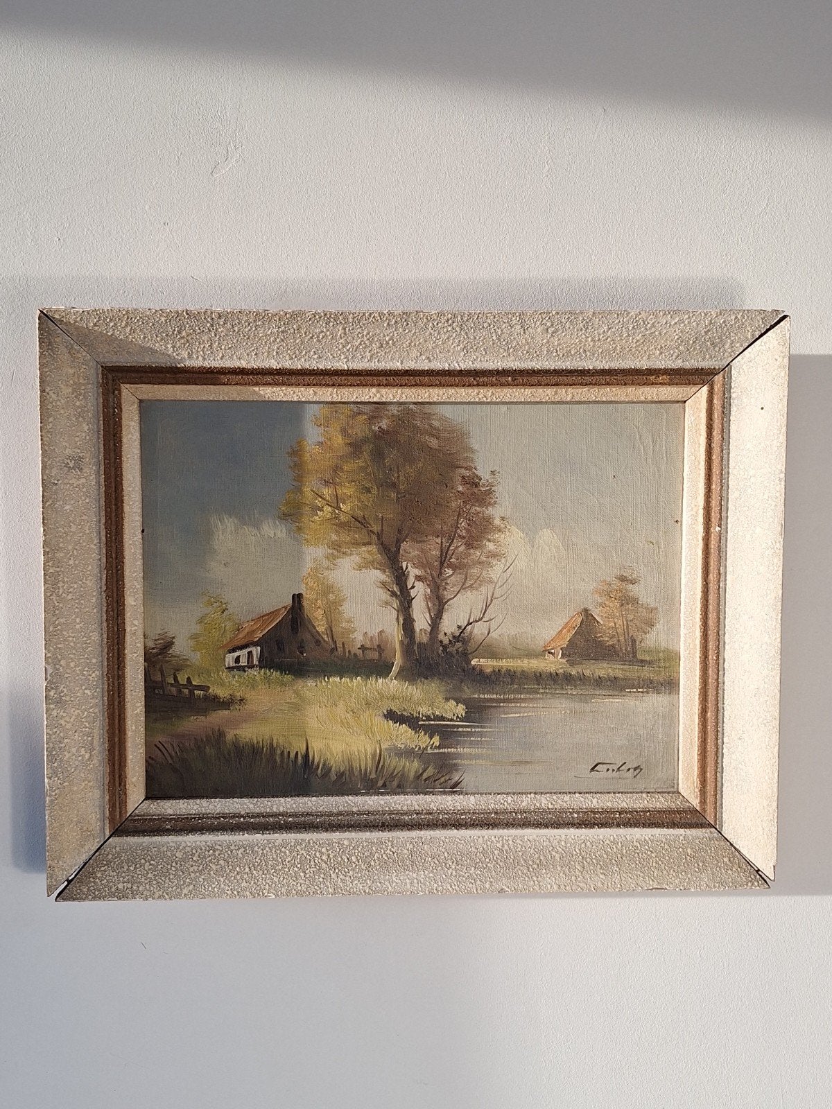 Olieverfschilderij Landschap met Huisjes en Water, Ophalen of Verzenden