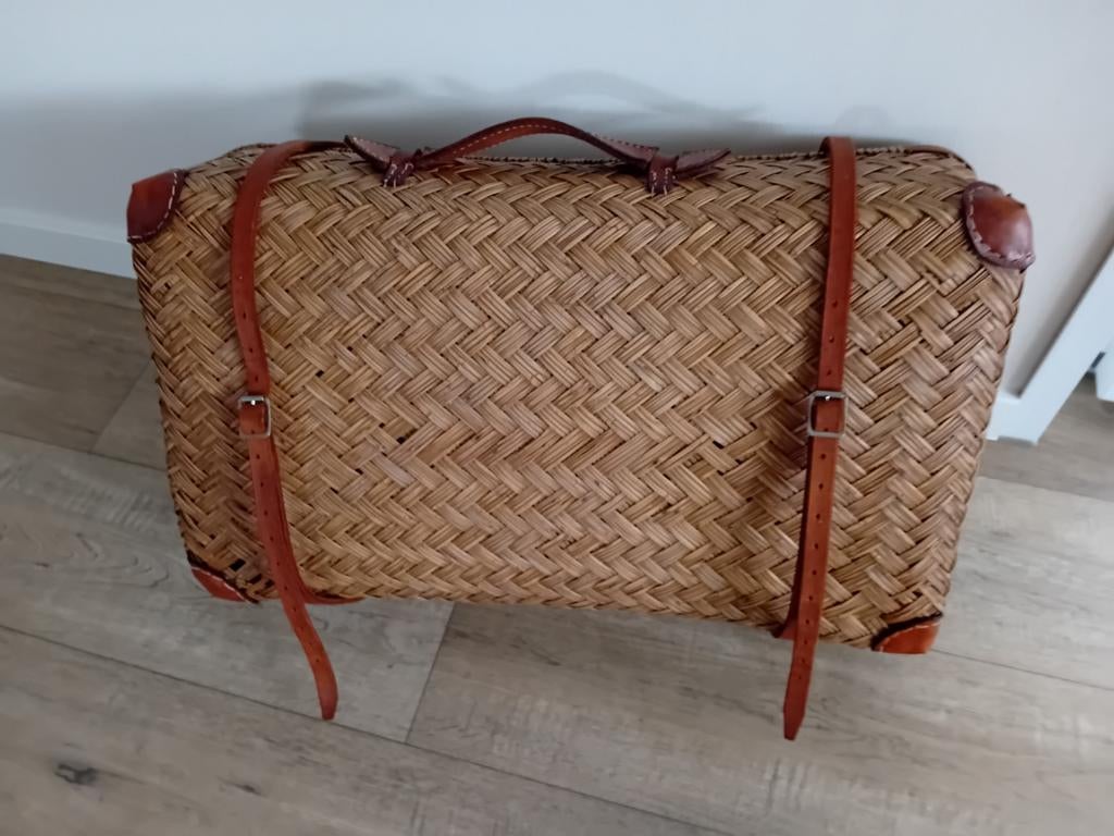 Vintage rieten koffertje, Huis en Inrichting, Woonaccessoires | Schalen en Manden, Ophalen, Nieuw, Rechthoekig, Riet