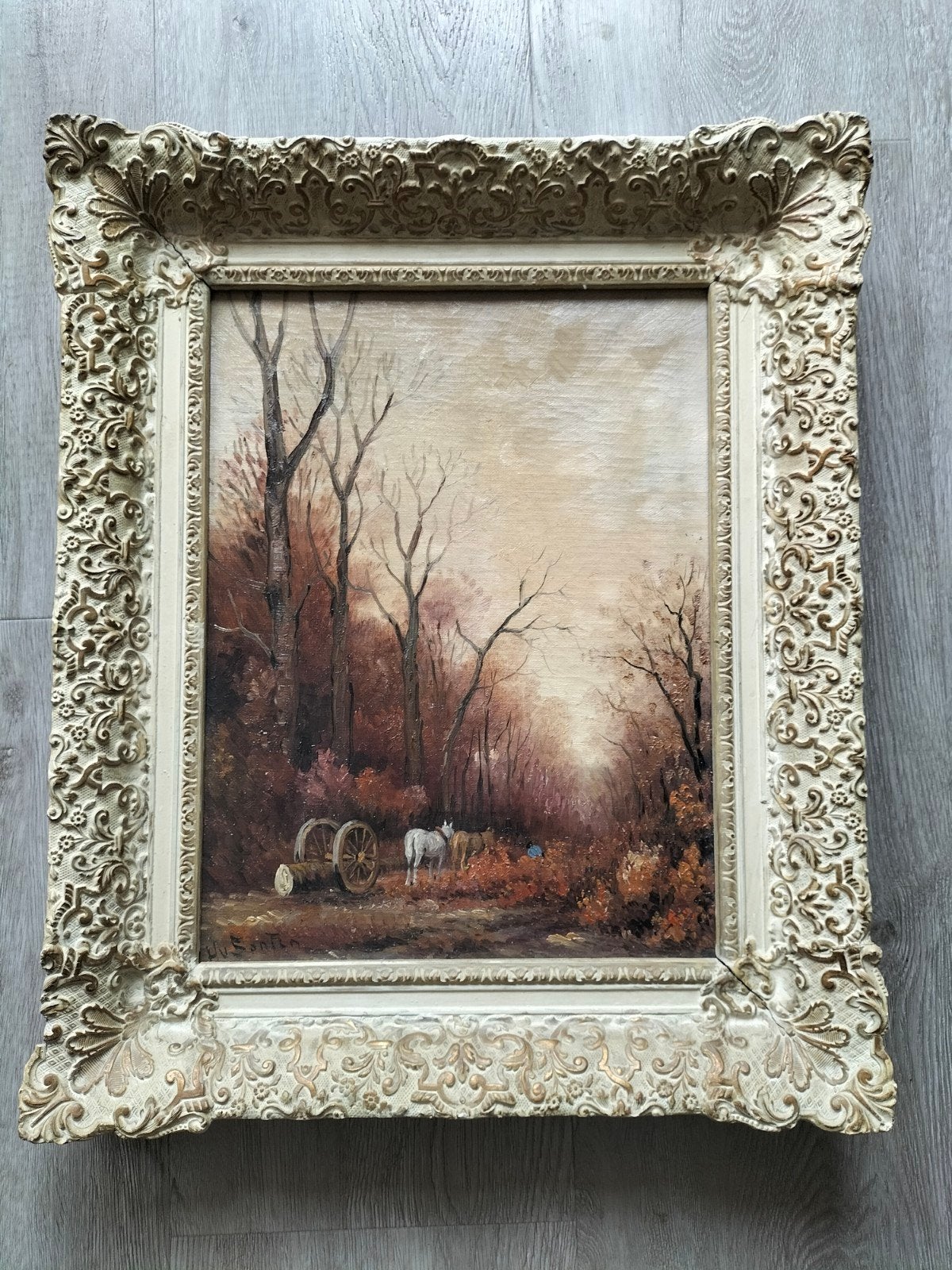 Schilderij: Boslandschap met paard en kar, gesigneerd, Antiek en Kunst, Ophalen of Verzenden