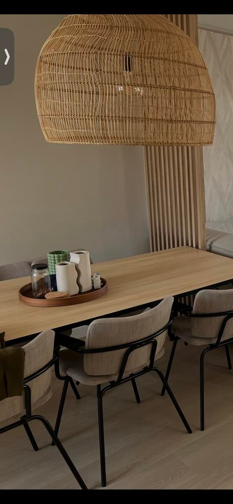 Eiken look tafel 200x90 met zwarte metalen poten, Ophalen, 50 tot 100 cm, Zo goed als nieuw, Rechthoekig