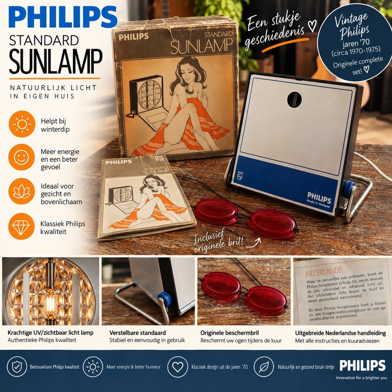Vintage Philips Standard Sunlamp - Jaren '70 Complete Set, Ophalen of Verzenden, Gebruikt, Overige typen