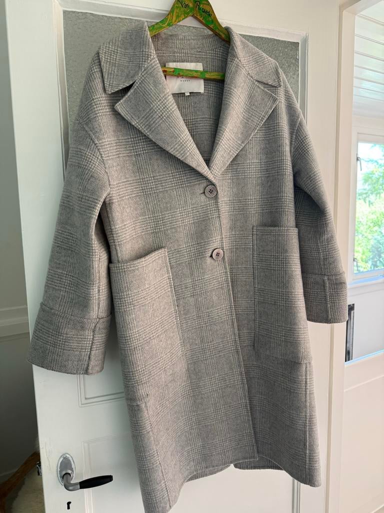 Yaya Grijs/wit geblokte wollen tussenjas - Maat 1 (ruim), Ophalen, Gedragen, Maat 38/40 (M), Grijs