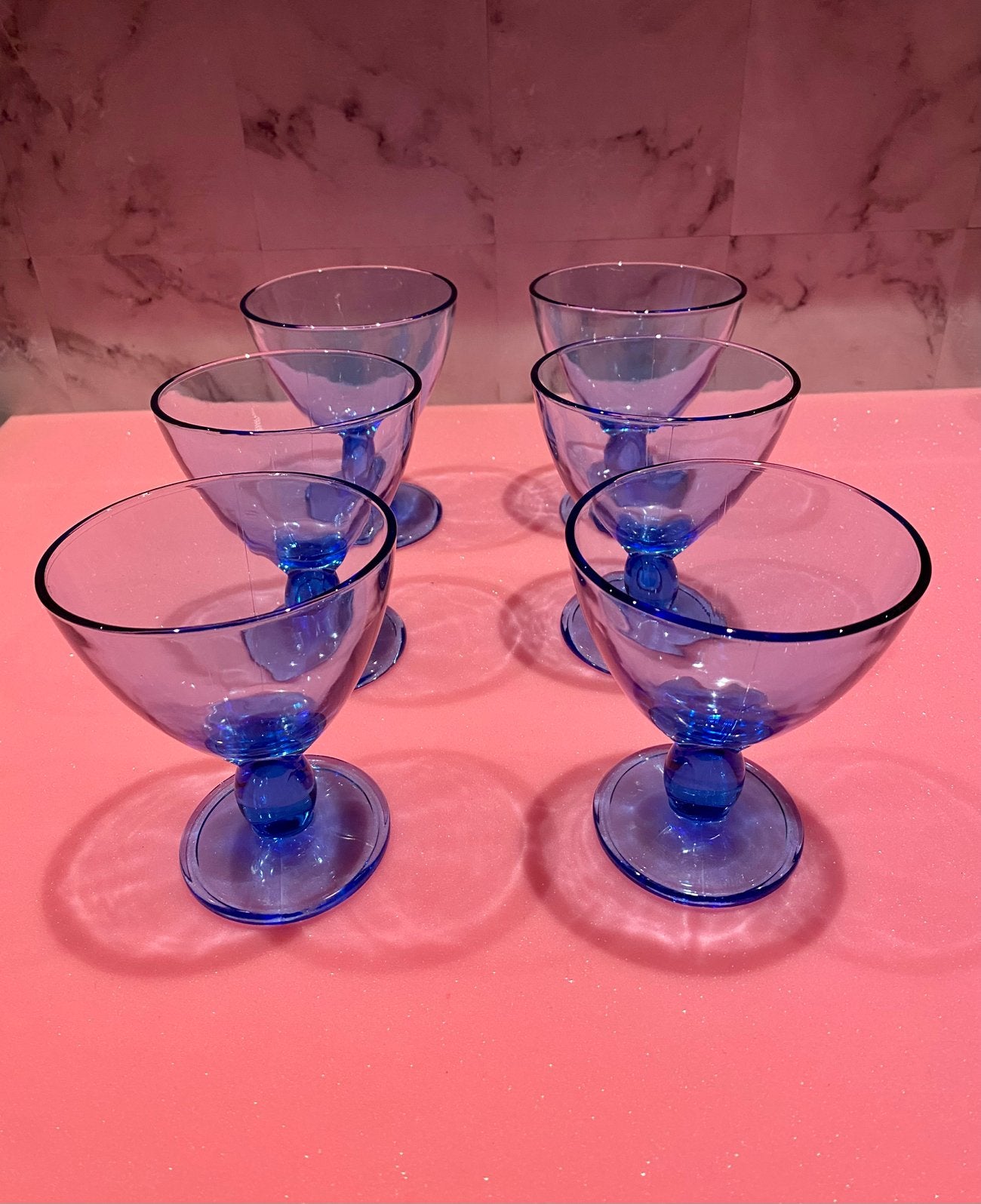 Vintage set blauwe ijscoupes dessert/cocktailglazen 6 stuks, -, -, Overige typen, Ophalen of Verzenden