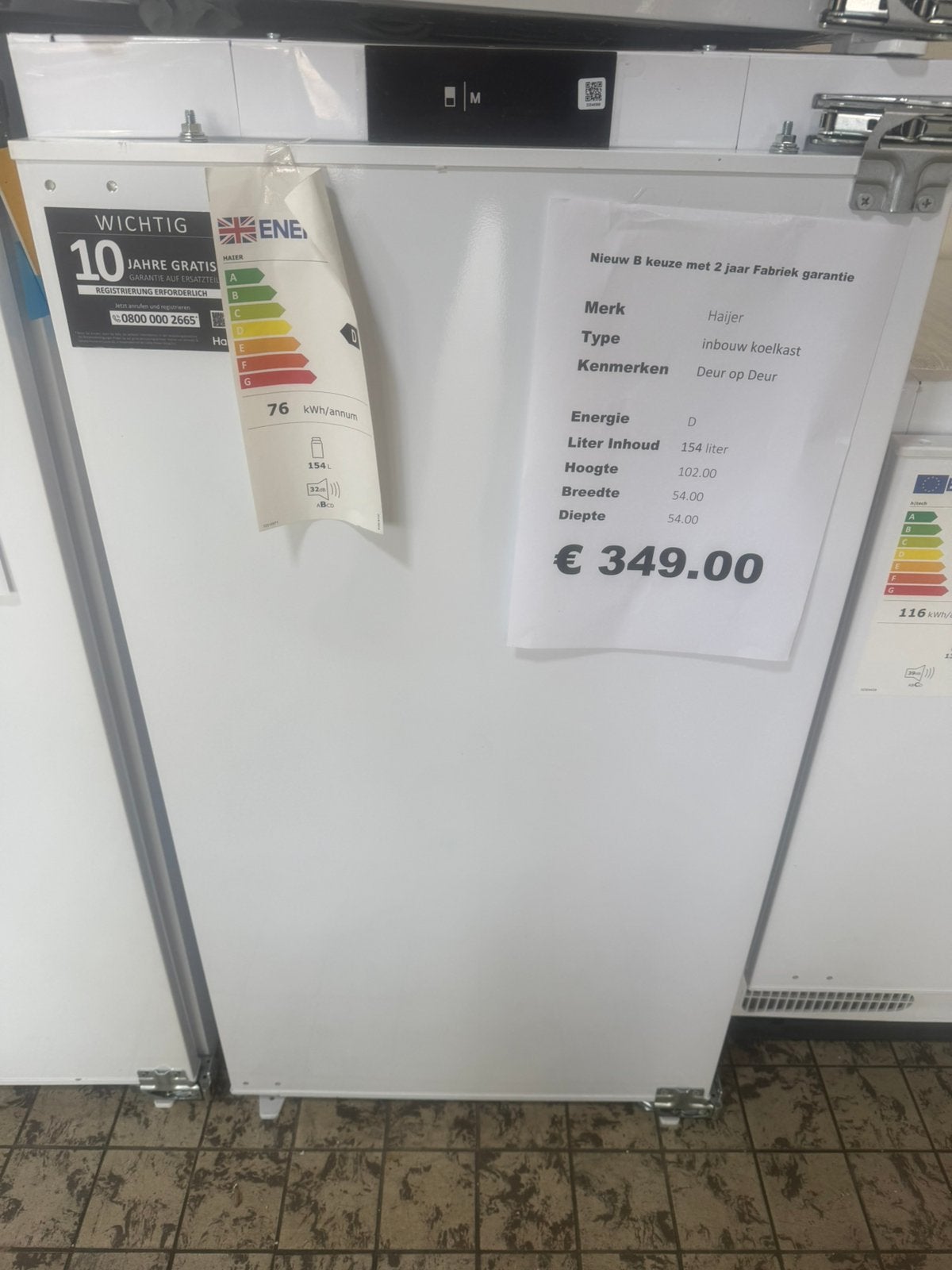 Haier Inbouw koelkast 102 nis maat deur op deur nieuw, 85 tot 120 cm, Haier, Zonder vriesvak, 200 liter of meer