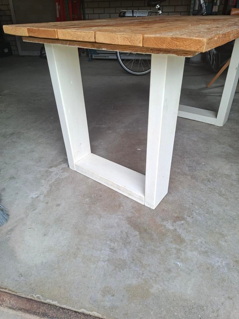 Houten tafel 150x90 cm met wit onderstel, Huis en Inrichting, Tafels | Eettafels, Gebruikt, 150 tot 200 cm, Vier personen, Rechthoekig